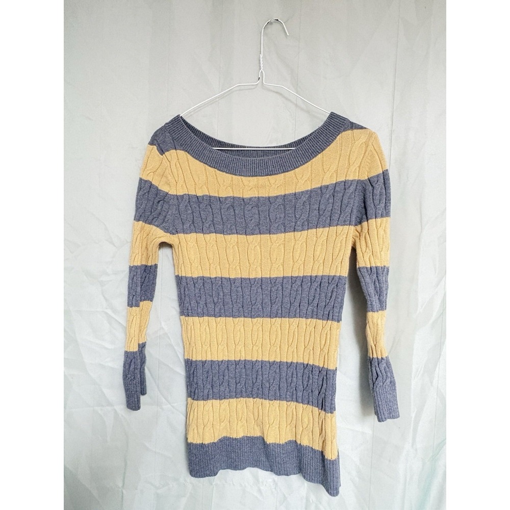 LOFT‎ Small Gray Yellow 100% Cotton Cable-Knit Striped Pullover Sweater preppy